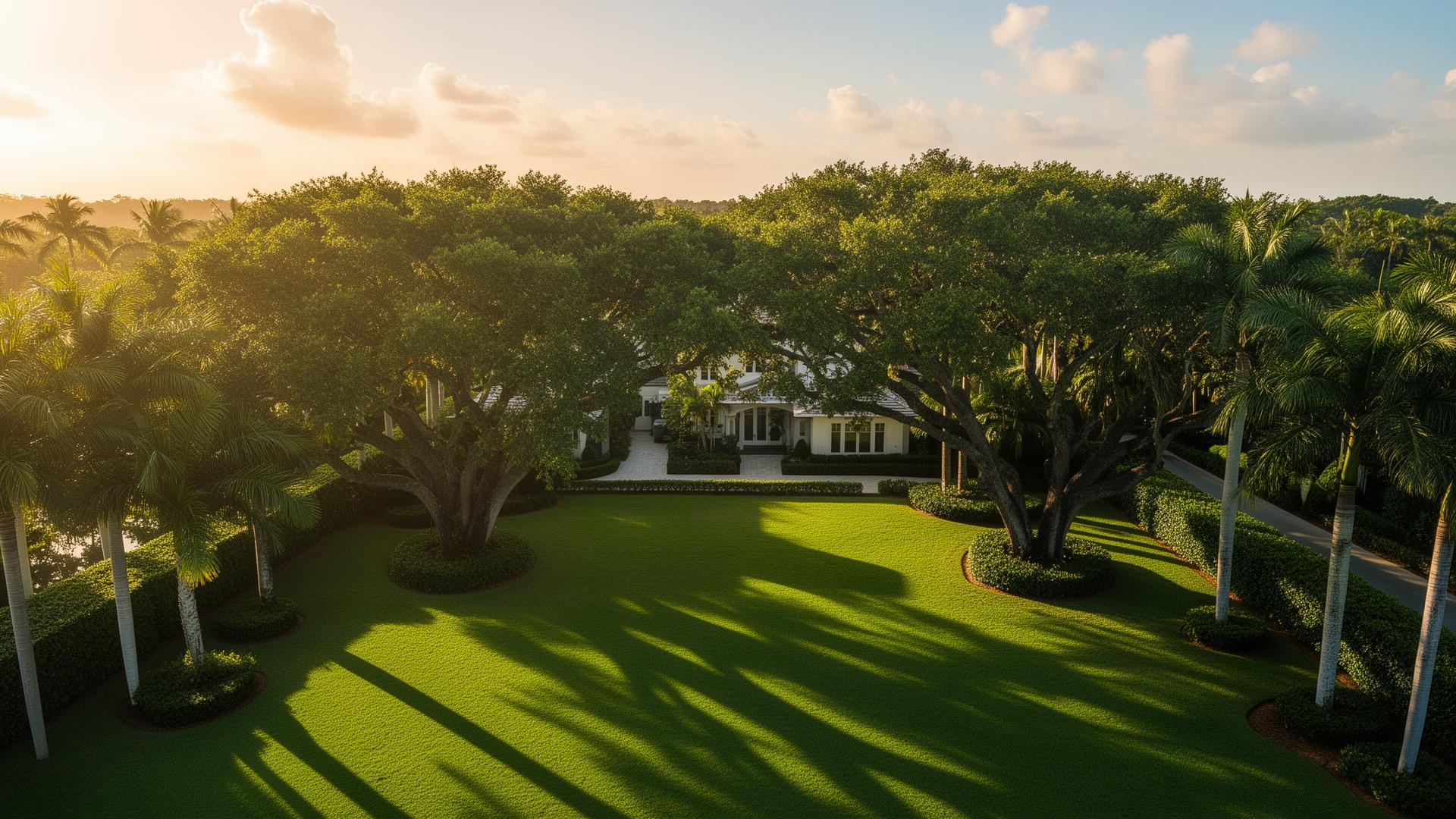 Aerial view of a manicured South Florida estate landscape at golden hour